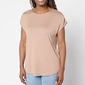Belle Kim Gravel Top Women Medium Portabella Ruched Shoulder Peached Modal Blend